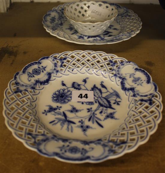 Two Meissen onion pattern plates and a Frustenburg style basket